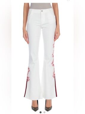 Ermanno Scervino Cream Jeans with Red Floral Embroidery & Stripe Size 44